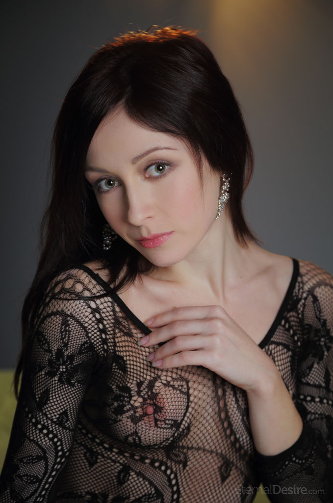 16P Brunette Night A in sheer crotchless catsuit bending to spread her hot ass