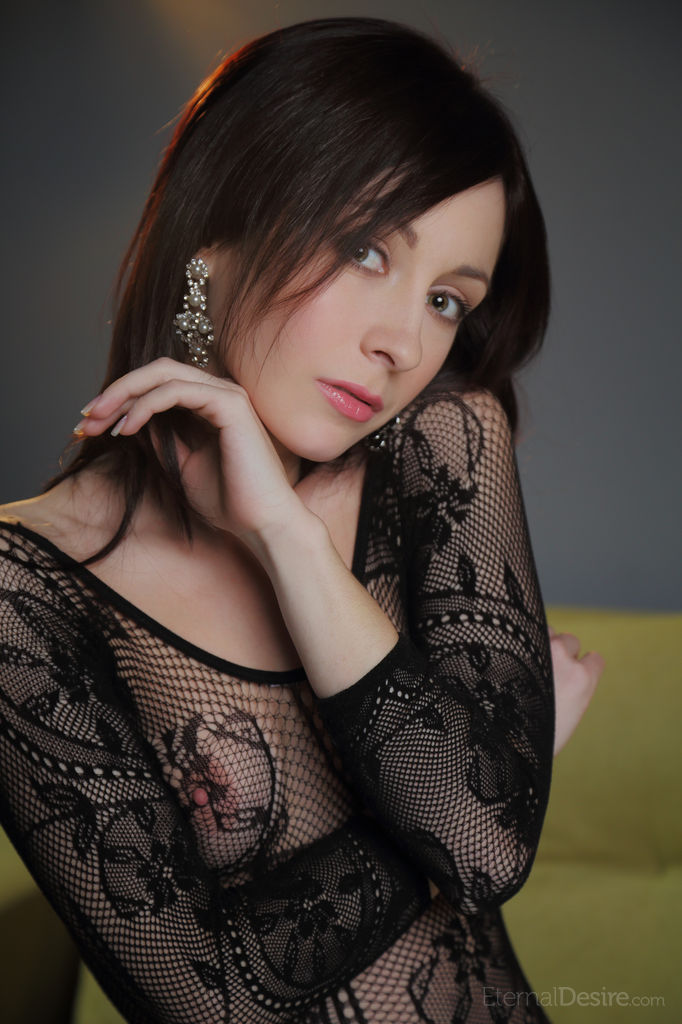 16P Brunette Night A in sheer crotchless catsuit bending to spread her hot ass