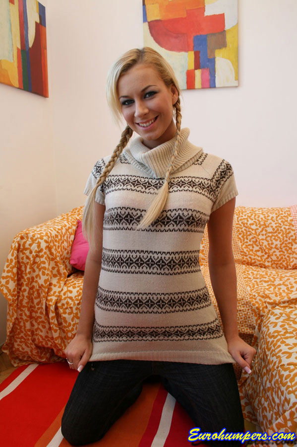 16P European babe Denisa with pigtails shows her tight ass and big tits