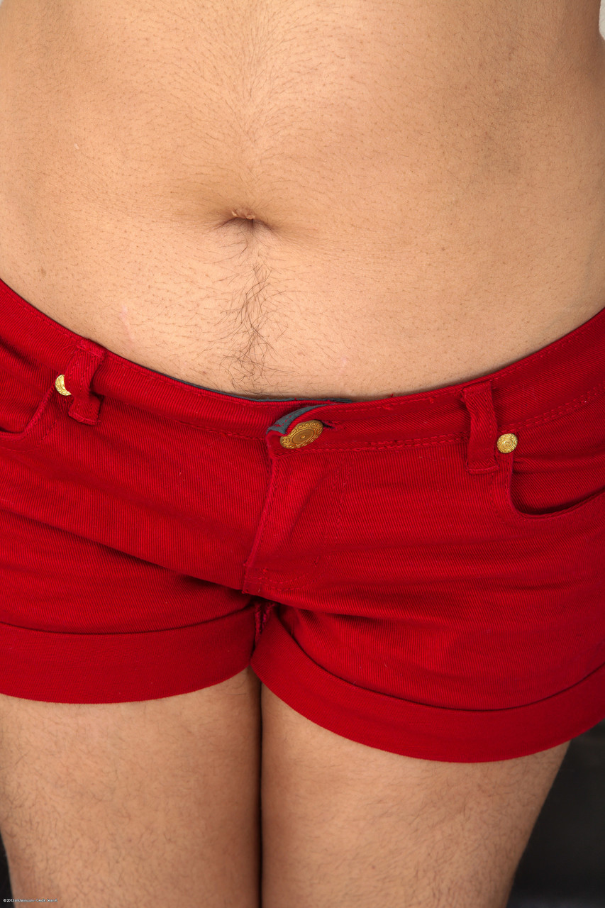 21P Brunette amateur in red lacy undies Jasmine reveals her hairy armpits and twat