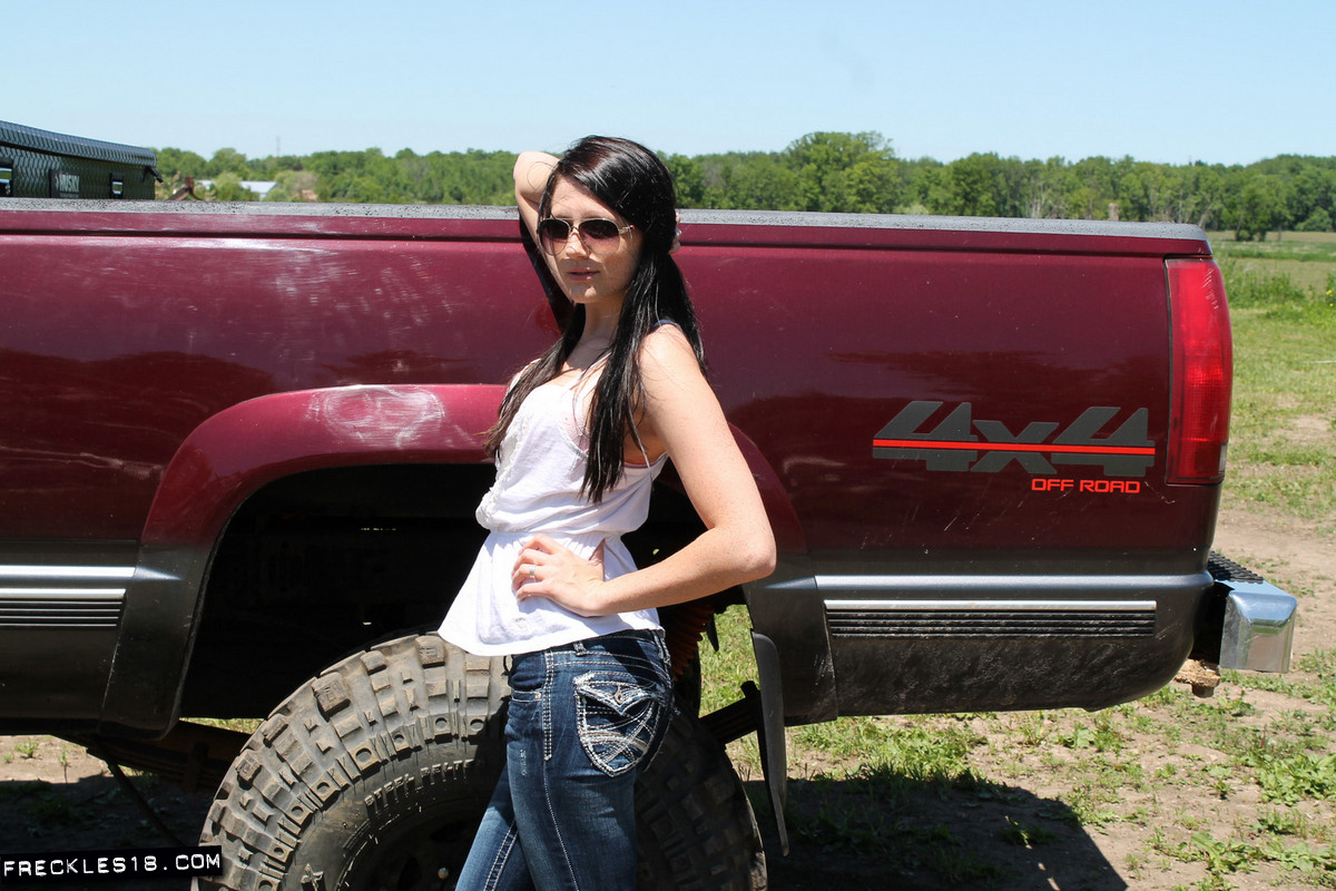 12P Young amateur Freckles 18 goes topless next to a 4 x 4 pickup truck