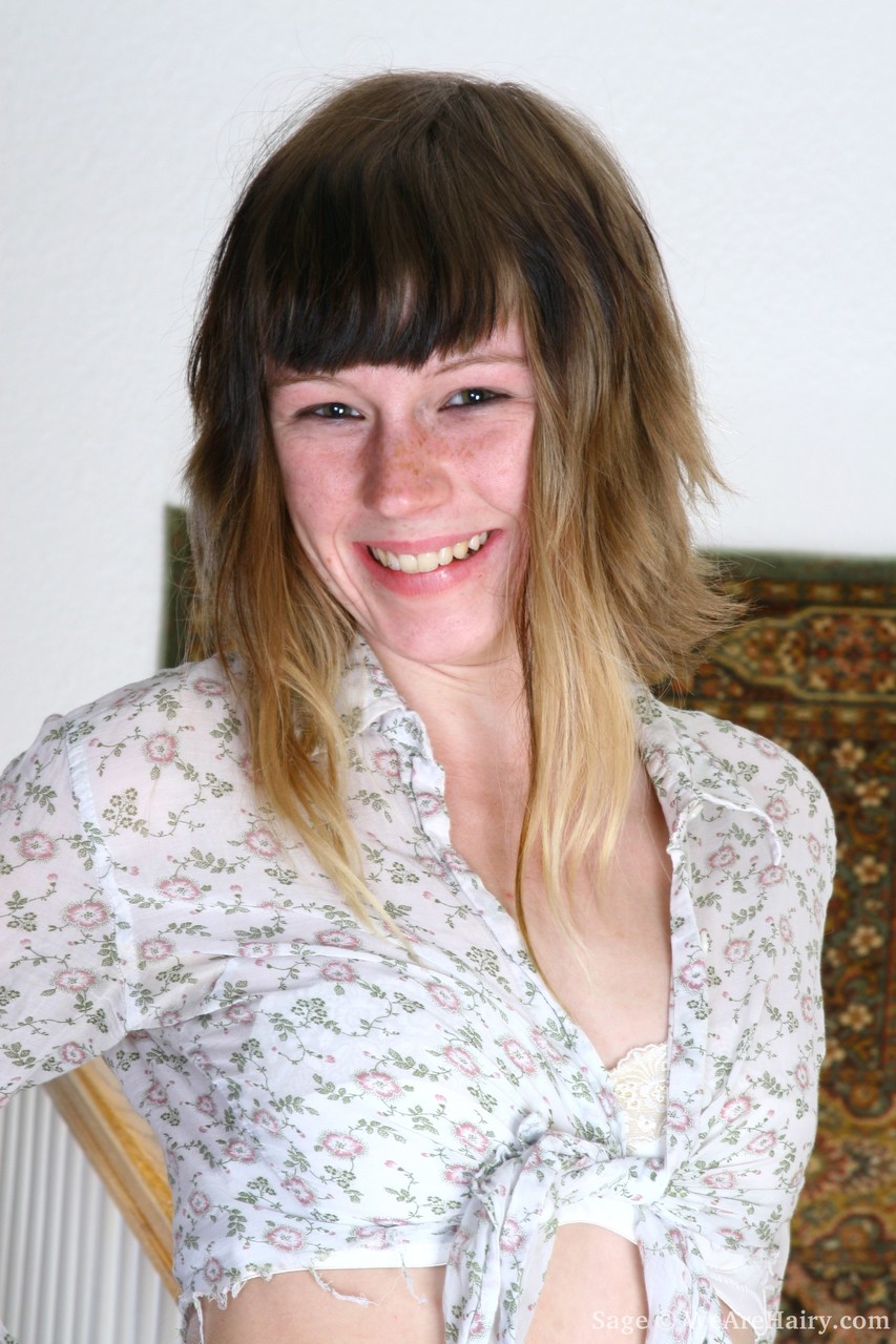 18P Nasty babe Sage poses on the stairs and shows her hairy cunt in solo action