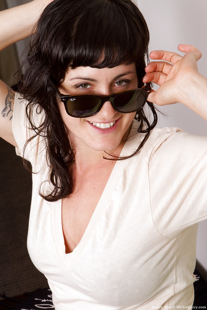 16P Cute babe in glasses Stacey Stax exposing her hairy armits and shaggy muff