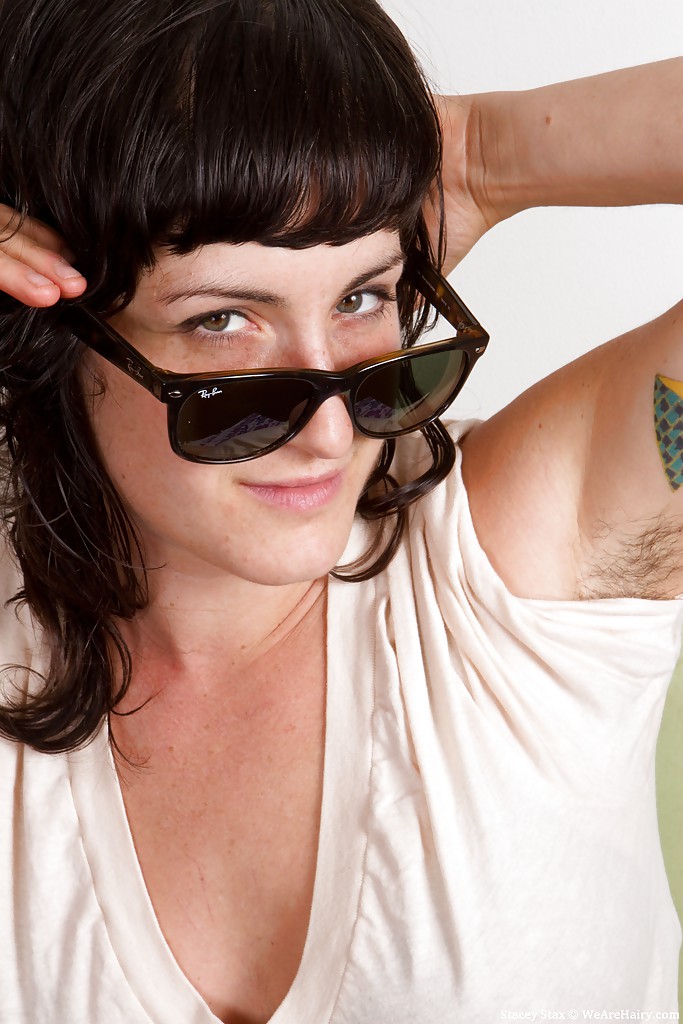 16P Cute babe in glasses Stacey Stax exposing her hairy armits and shaggy muff