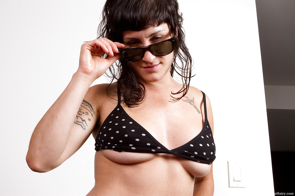 16P Cute babe in glasses Stacey Stax exposing her hairy armits and shaggy muff