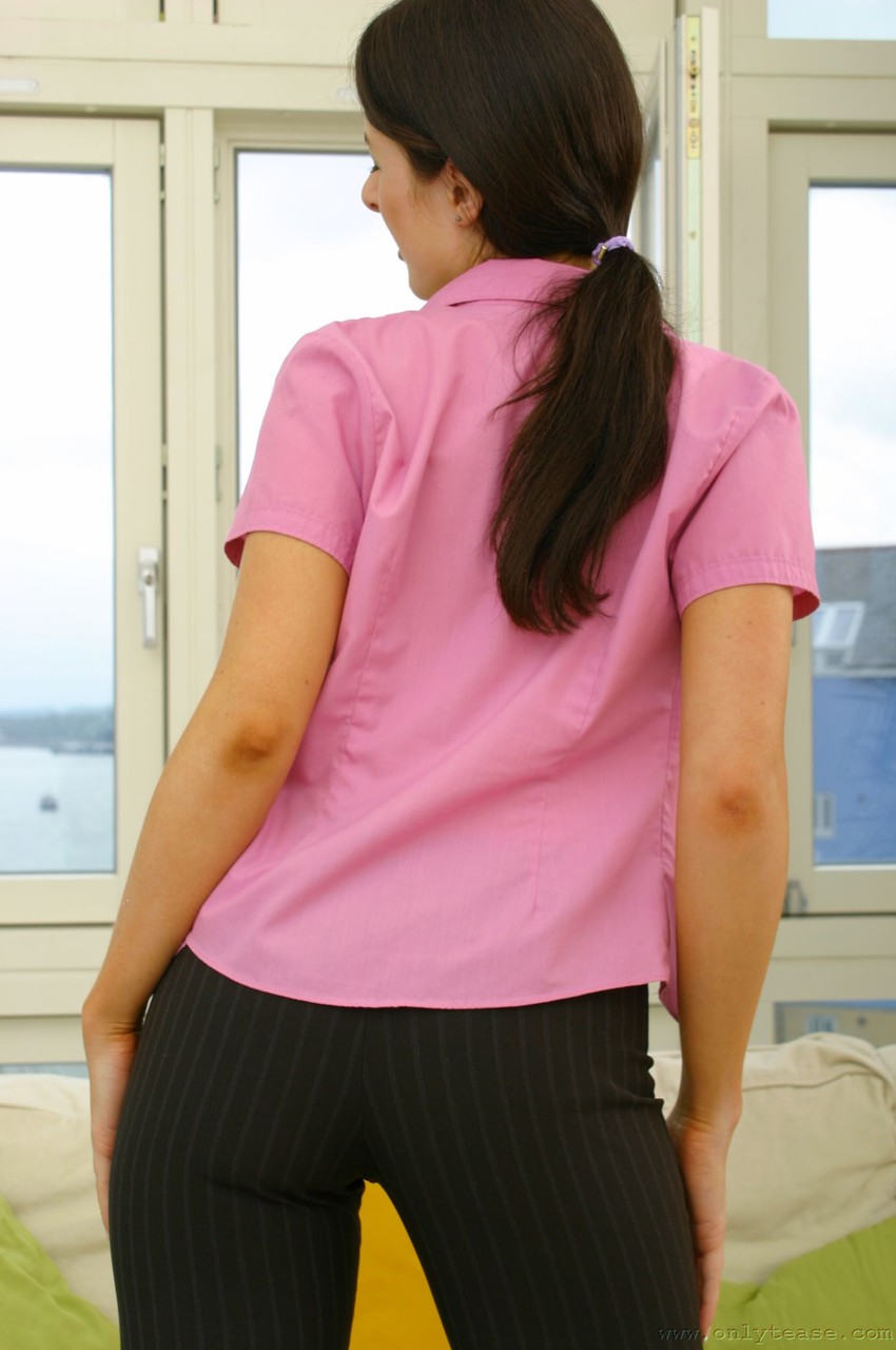21P Cute business lady Rose strips before teasing in sheer stockings & red panties