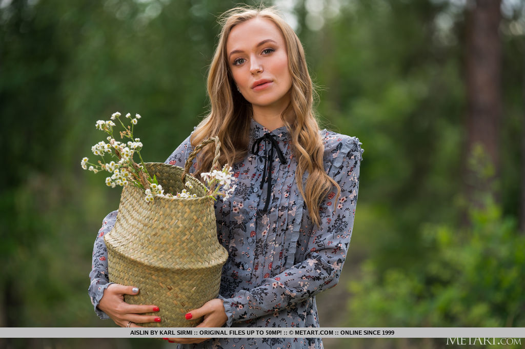 18P Slim model Aislin gets totally naked on a blanket after picking flowers