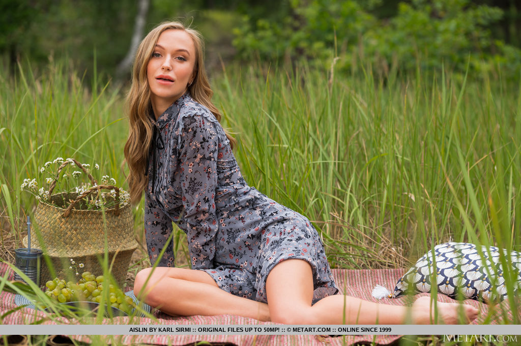 18P Slim model Aislin gets totally naked on a blanket after picking flowers