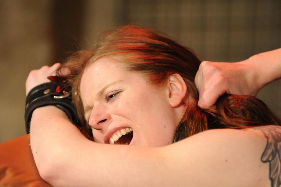 16P Dominant female in a masquerade mask tortures a restrained woman
