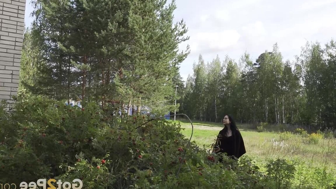 15P Raven haired goth squats to pee outside