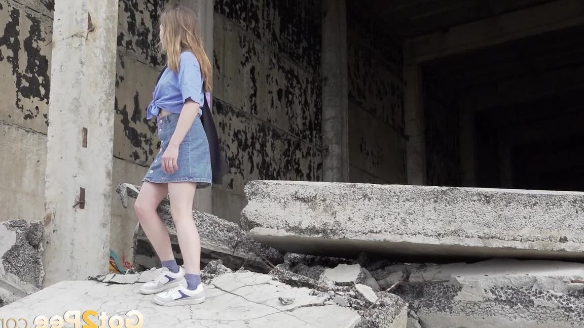 15P European cutie squats in derelict building to pee