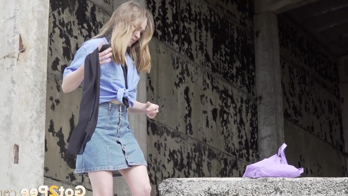 15P European cutie squats in derelict building to pee