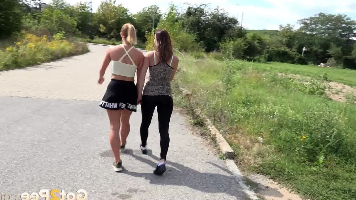 15P Hot lesbian joggers Vicky & Chrissy pause to squat for a pee on the path