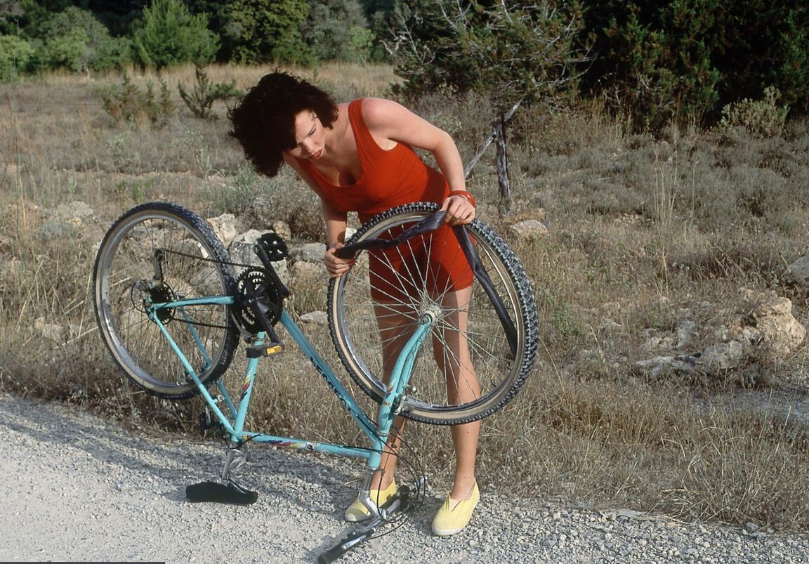 16P Vintage doll get a flat while bicycling & rewards her helpers with a fuck fest