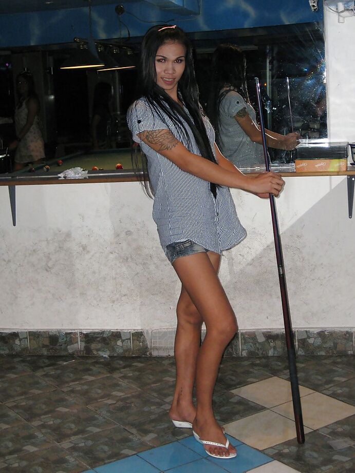 16P Gorgeous busty Asian tranny M bending over while playing pool