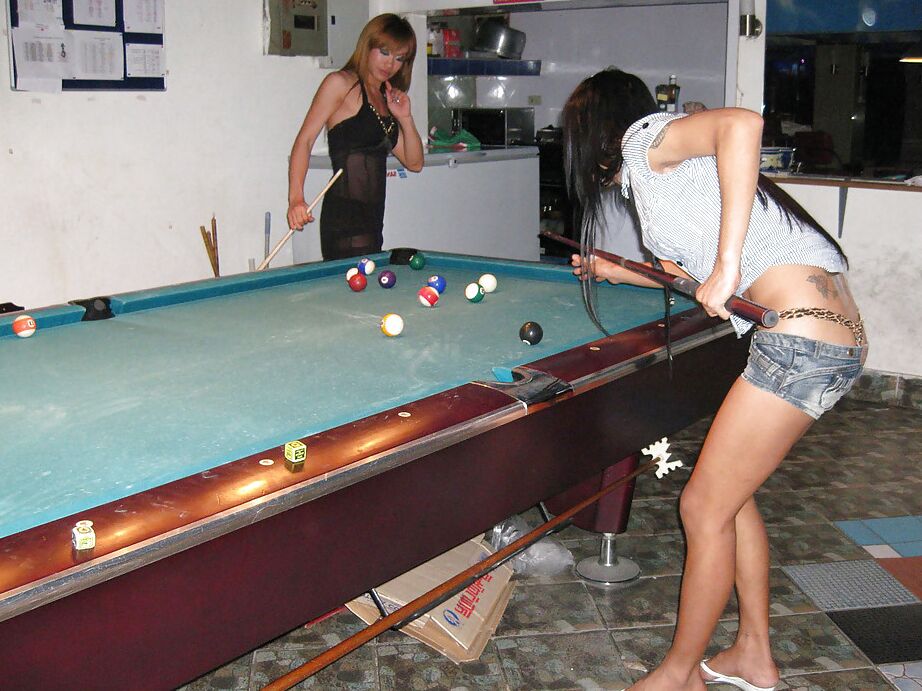 16P Gorgeous busty Asian tranny M bending over while playing pool