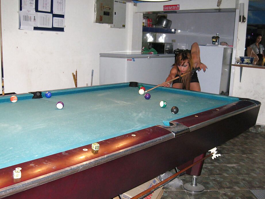 16P Gorgeous busty Asian tranny M bending over while playing pool