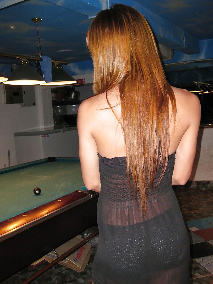 16P Gorgeous busty Asian tranny M bending over while playing pool