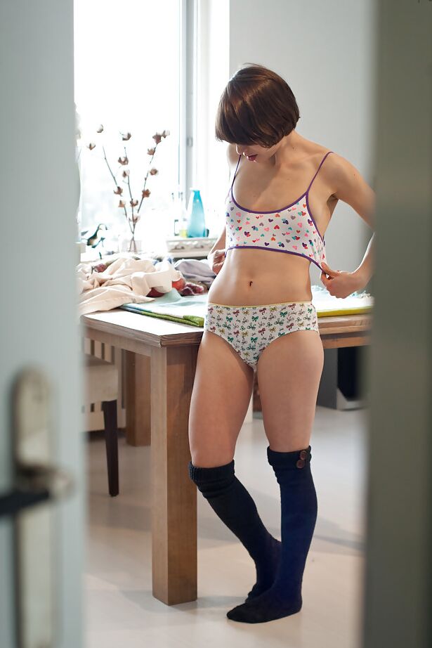 16P Coed in knee high socks pulls up pretty panties while getting dressed