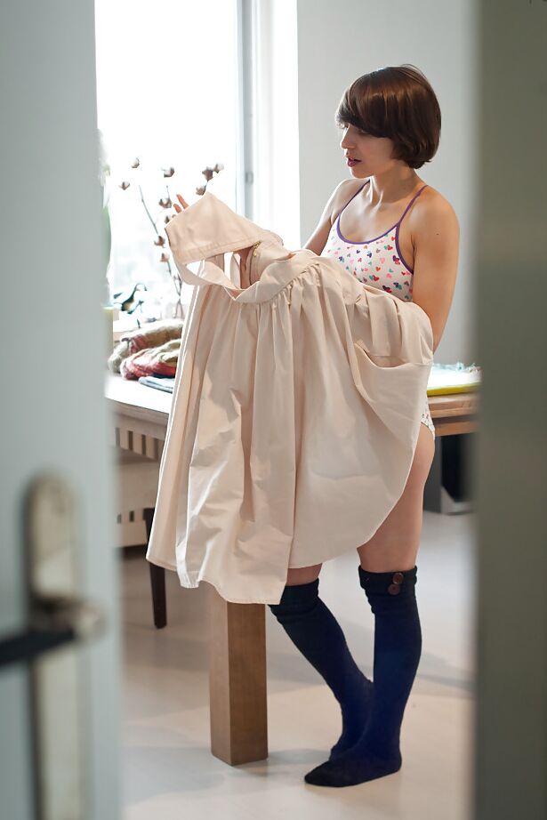 16P Coed in knee high socks pulls up pretty panties while getting dressed