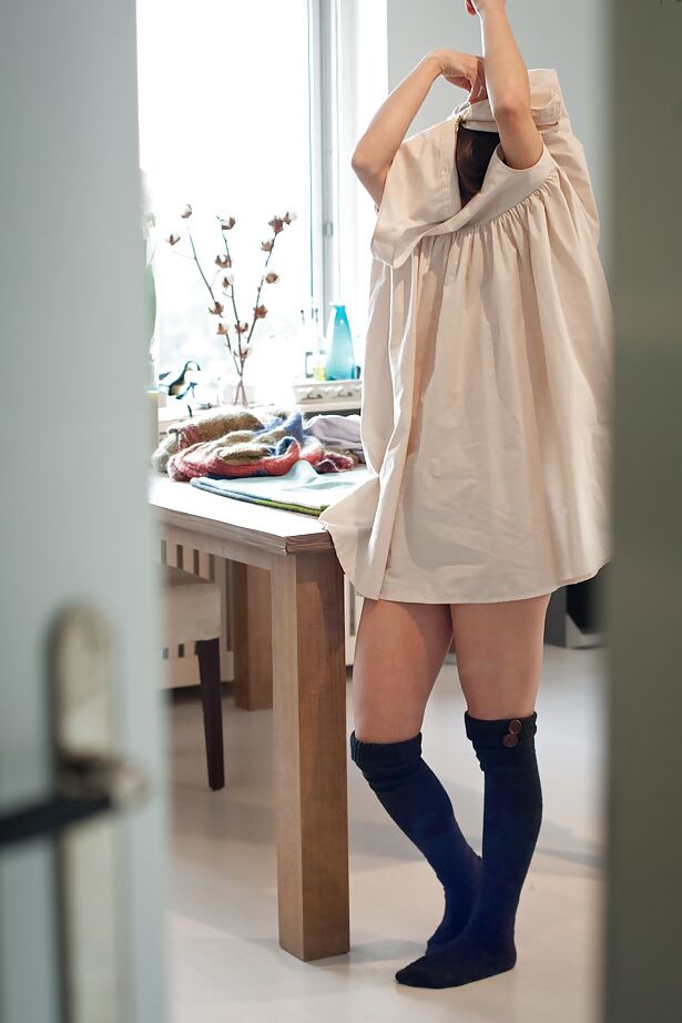 16P Coed in knee high socks pulls up pretty panties while getting dressed