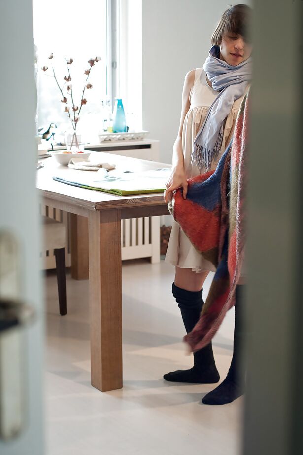 16P Coed in knee high socks pulls up pretty panties while getting dressed