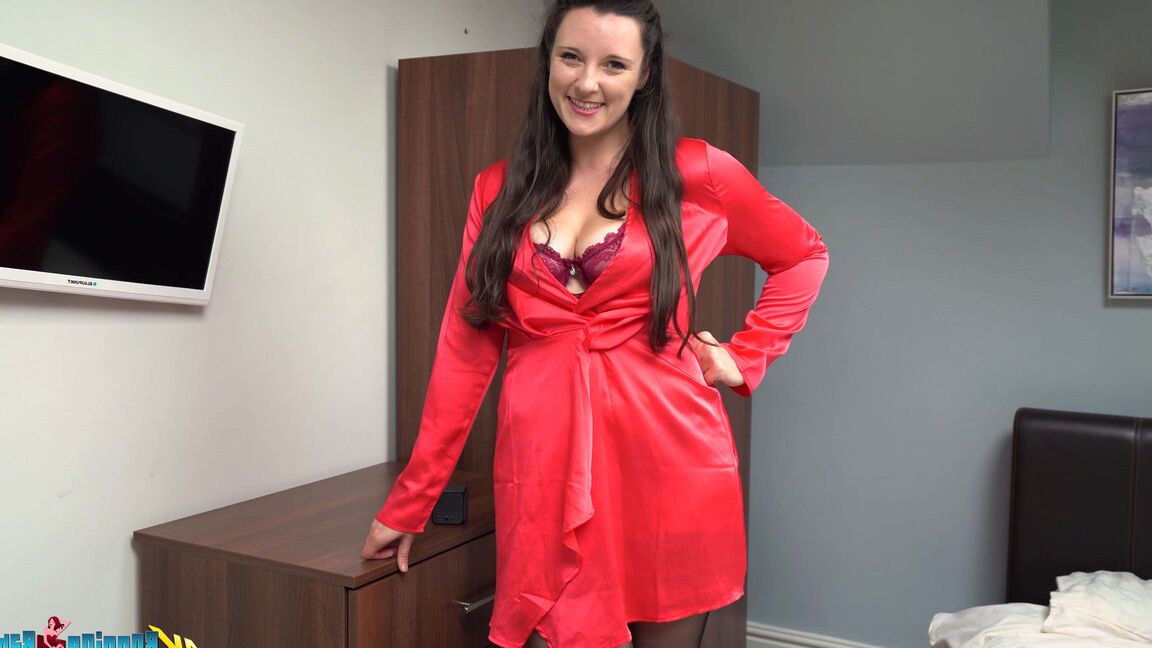 16P 18-year-old brunette uncovers her full breasts while getting naked in hosiery