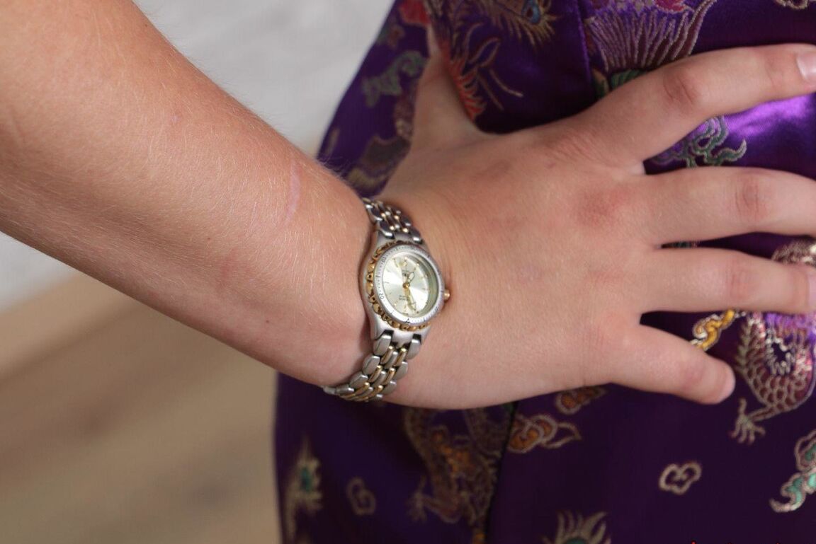 16P Short haired girl with piercings is restrained with cuffs wearing a kimono