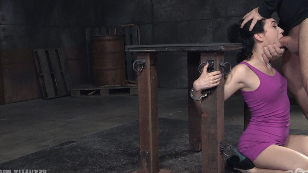 15P Hot slave Aria Alexander gets force fed some bog black cock in rough BDSM sex