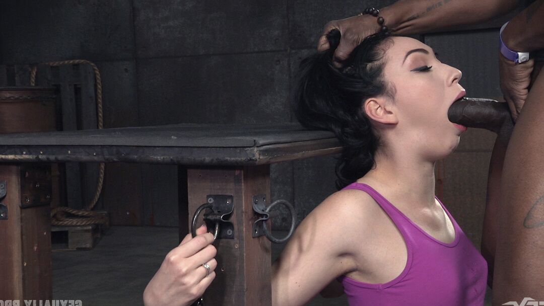 15P Hot slave Aria Alexander gets force fed some bog black cock in rough BDSM sex