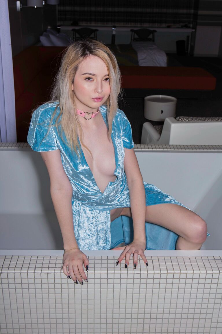 15P Fair skinned teen Lexi Lore models in a bathroom before interracial fucking