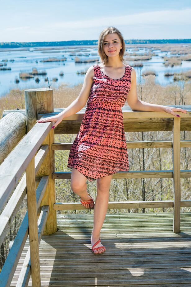 18P Nice teen Yelena bares her big tits before showing her bald twat at a lookout