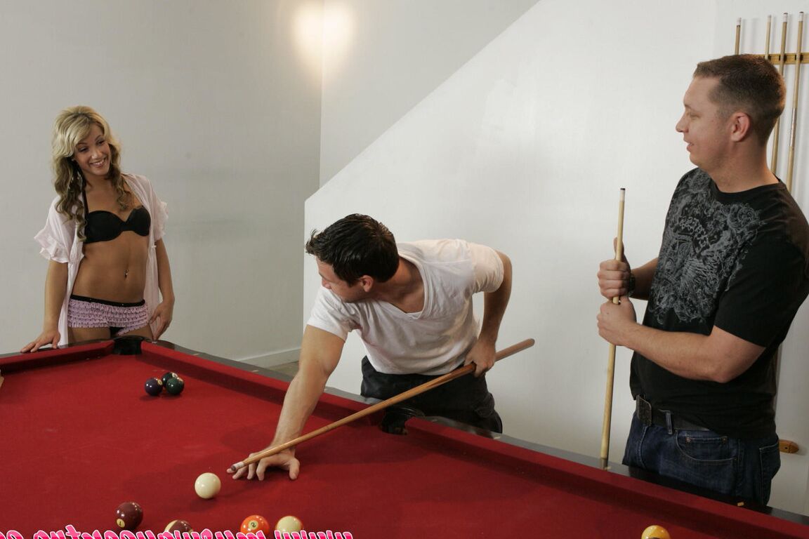 16P Dirty blonde chick takes on two dicks at once on top a pool table