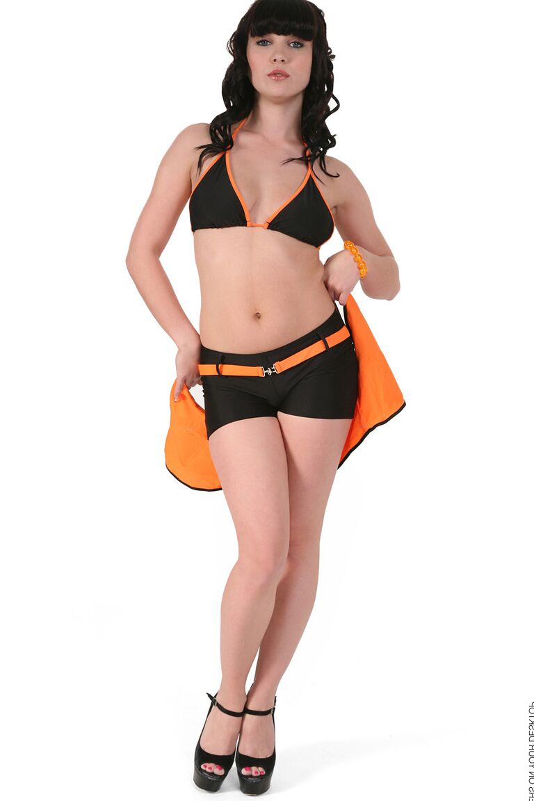 15P Hot brunette Ally Style strips to her ankle strap heels in a memorable manner