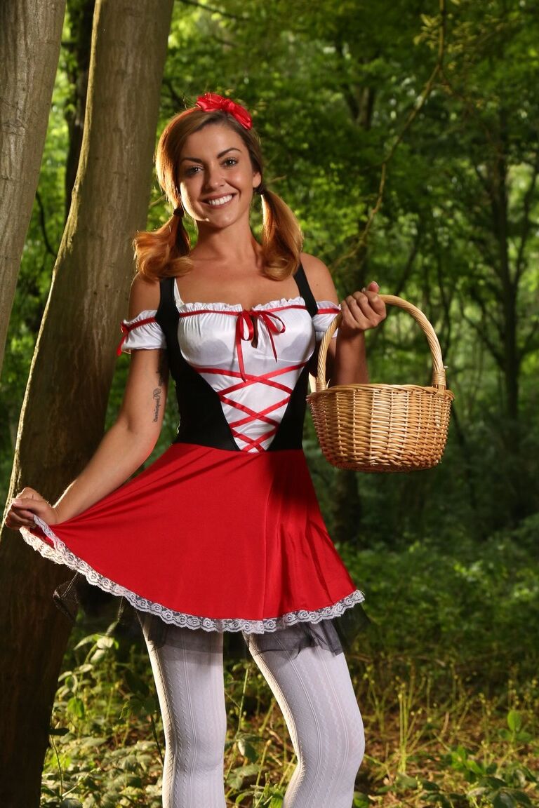 21P Sexy Little Red Riding Hood Gemma Jack teases in pantyhose in the forest