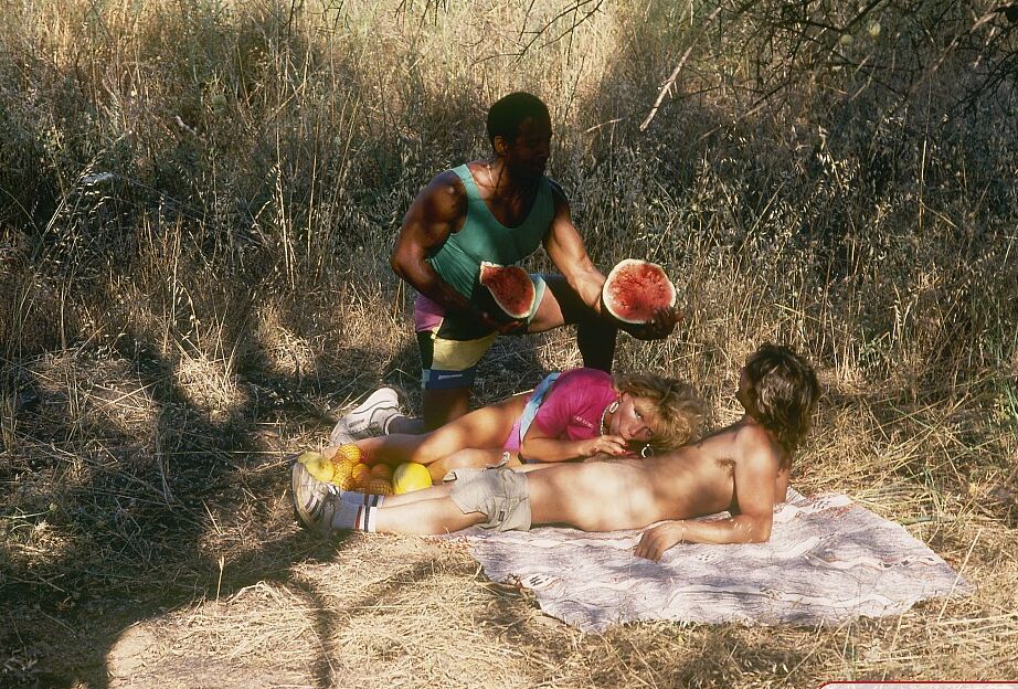 11P Vintage blonde has 3some under the trees after a day at the amusement park