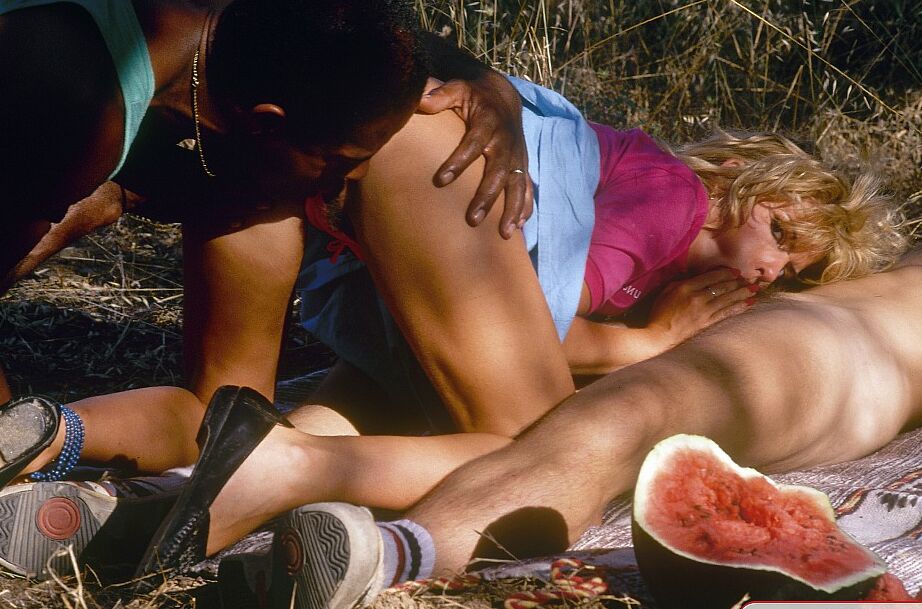 11P Vintage blonde has 3some under the trees after a day at the amusement park
