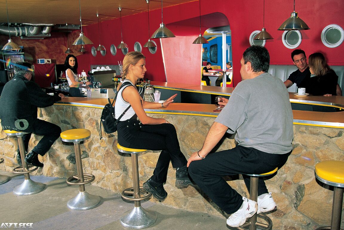 12P Slender brunette Mercedes receives cumshots after a DP in a diner