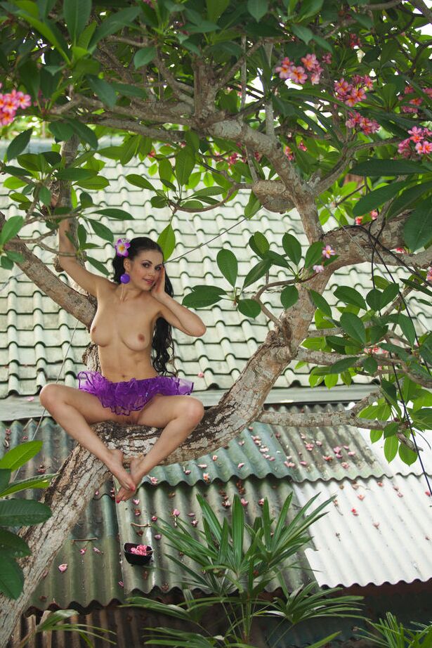 16P Young brunette Mirela A climbs a tree in a purple tutu skirt