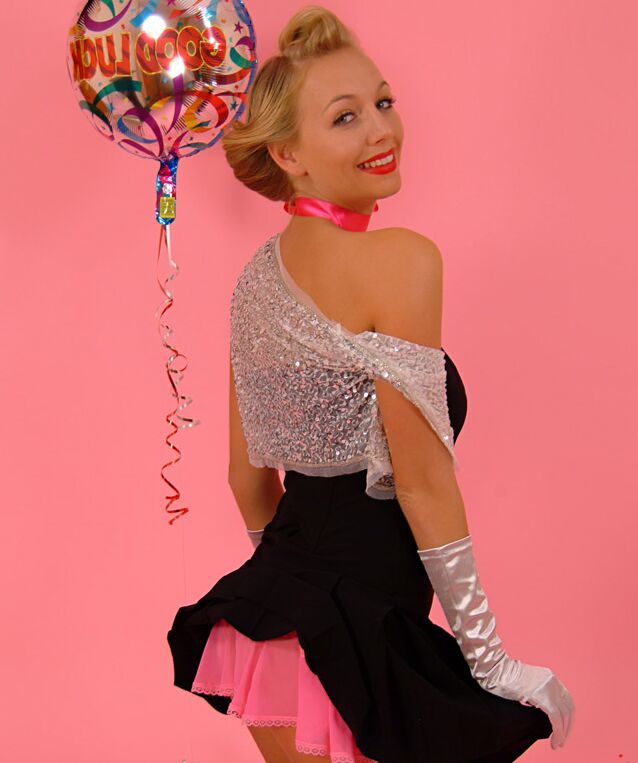 17P Pinup girl Marie Coppin puts her pert tits on display in a thong and OTK socks