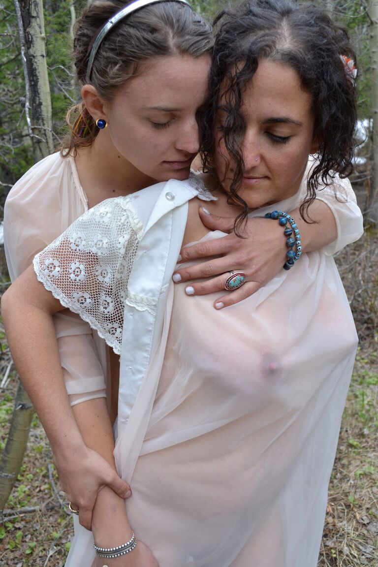 15P Amateur lesbians Sage and Simona hump a smooth tree in see thru lingerie