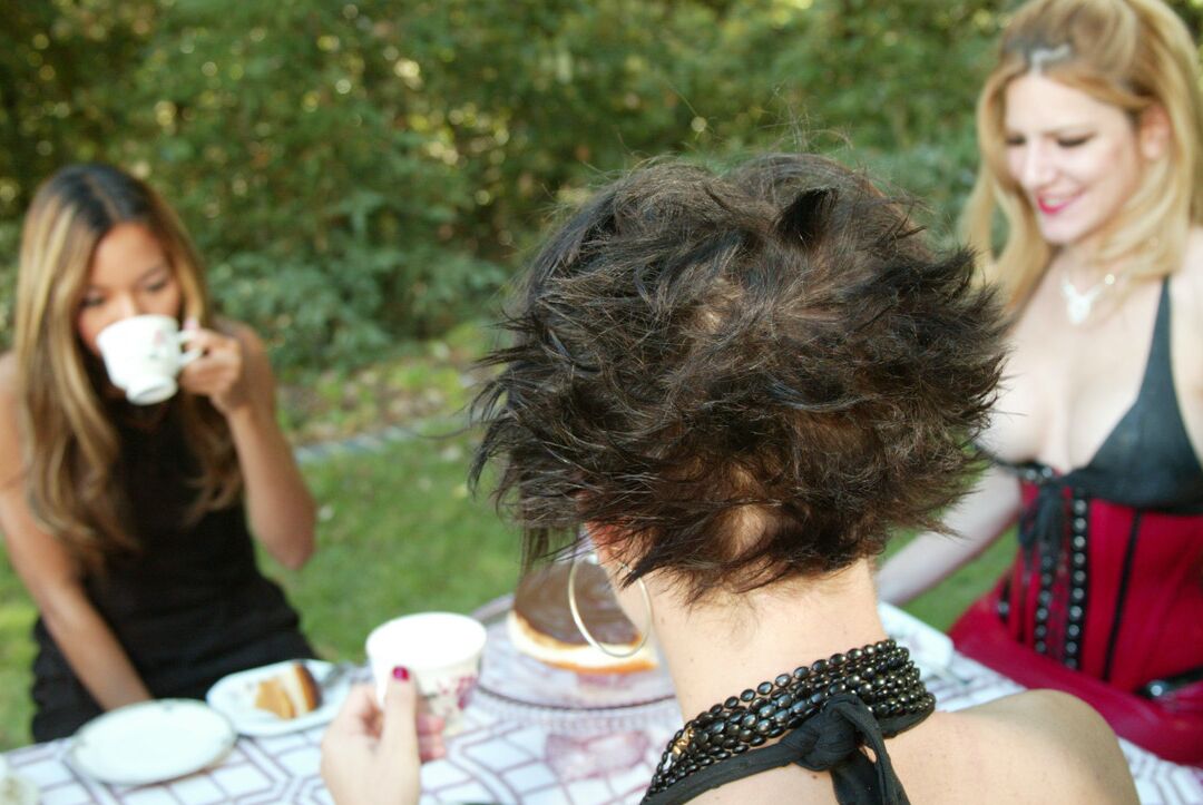 17P Kinky housewives line up for machine sex at a picnic table after tea and cakes