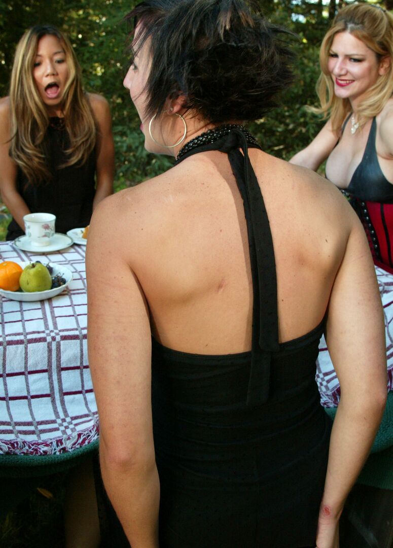17P Kinky housewives line up for machine sex at a picnic table after tea and cakes