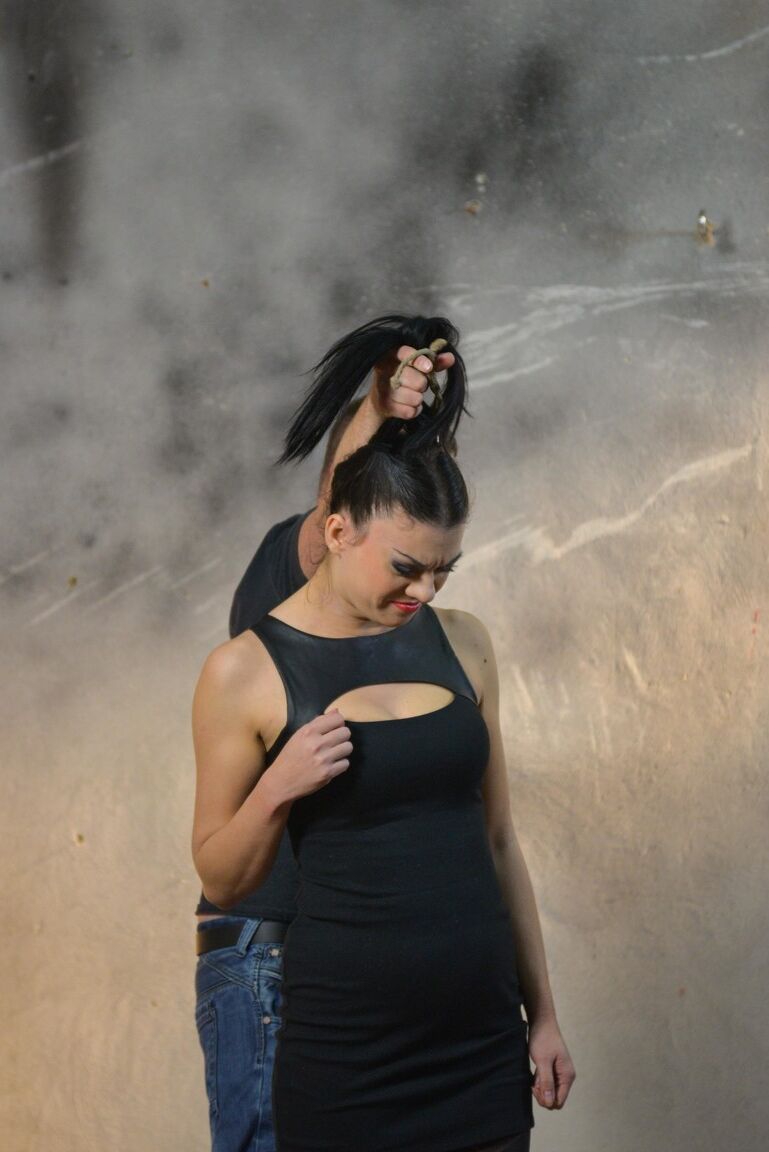 17P Dark haired chick with hair in pigtails gets gagged and hogtied