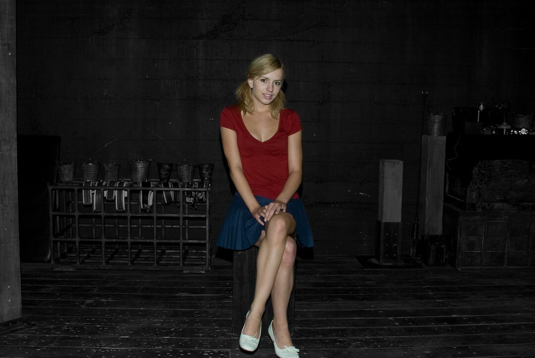 11P Cutie in blue skirt, red skirt, and white shoes Charley Chase in the dark room