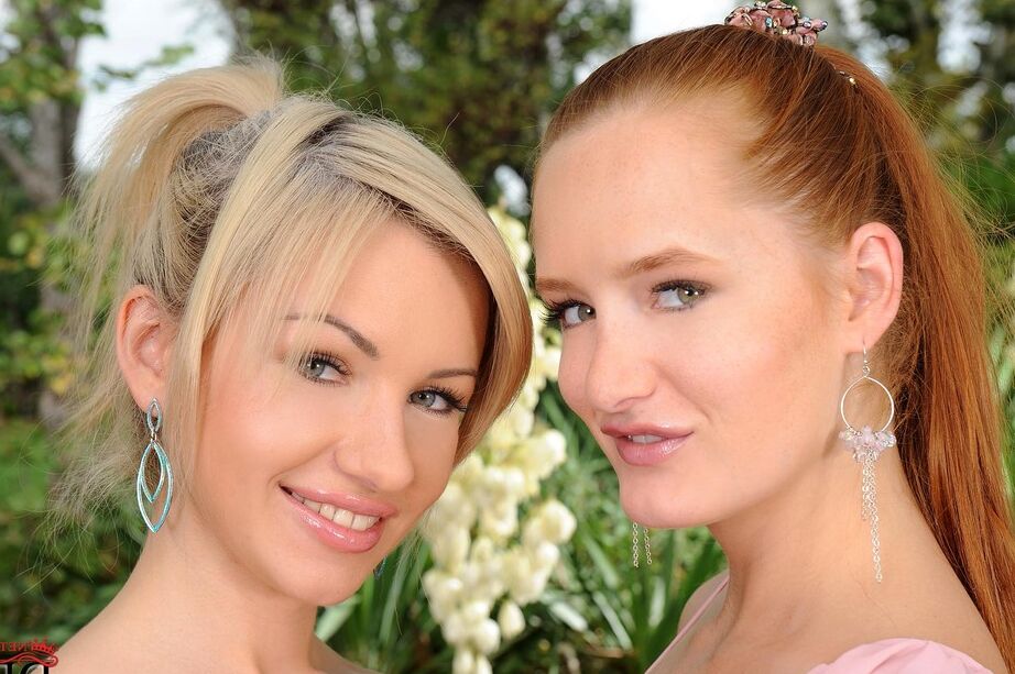 16P Lesbians Sasha Rose and Denisa Heaven have sex on a couch in the garden