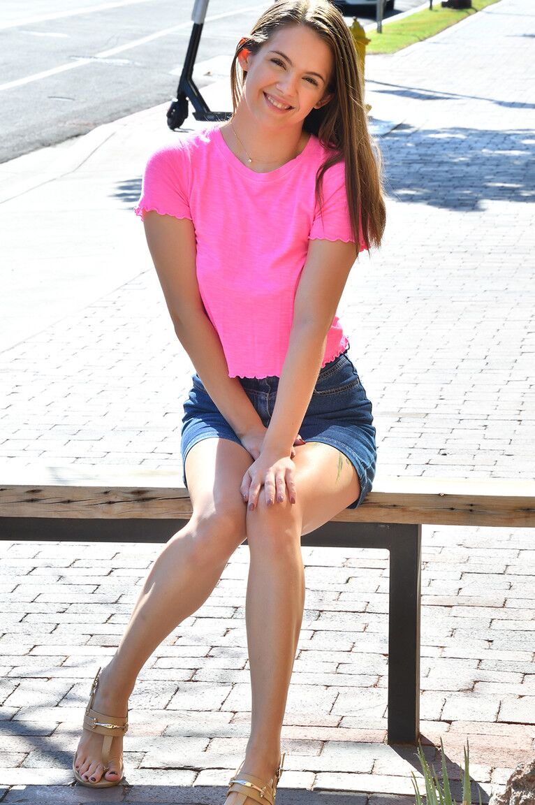 15P Flexy amateur Devon flashes a no panty upskirt outdoors before modeling naked
