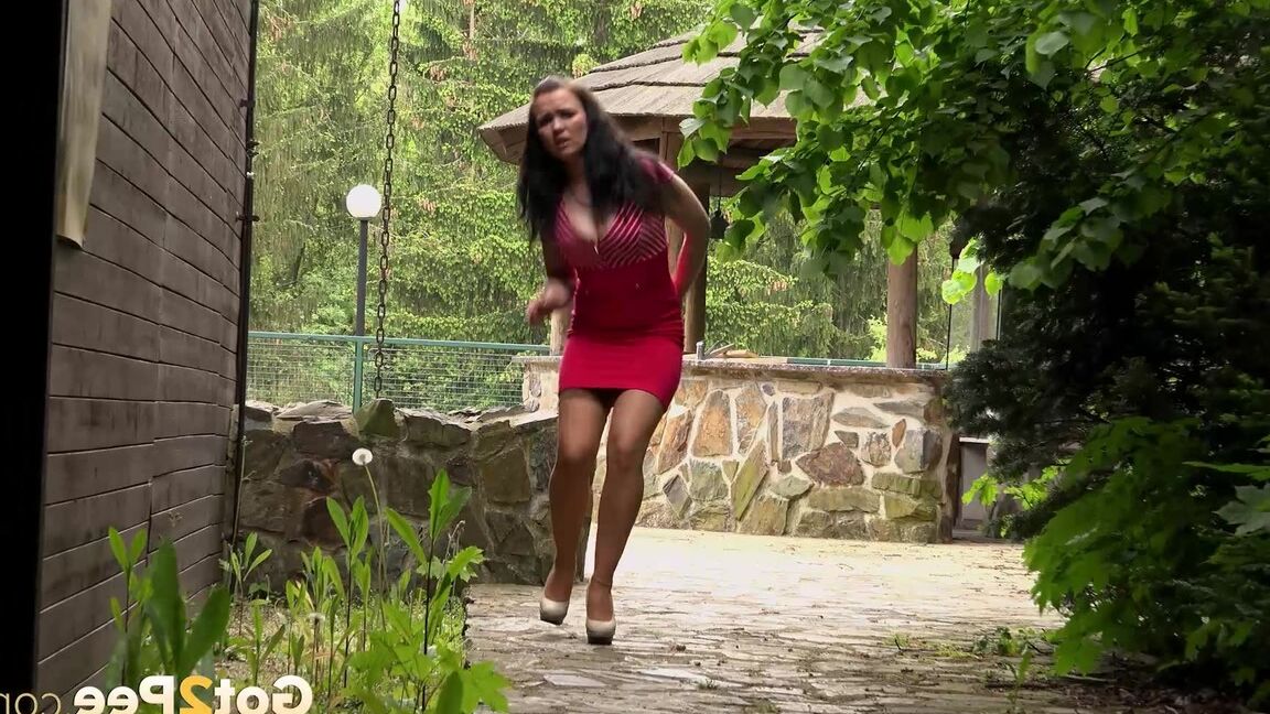 15P Hottie Ally Style in silk stockings pulls panties aside to pee on the walk