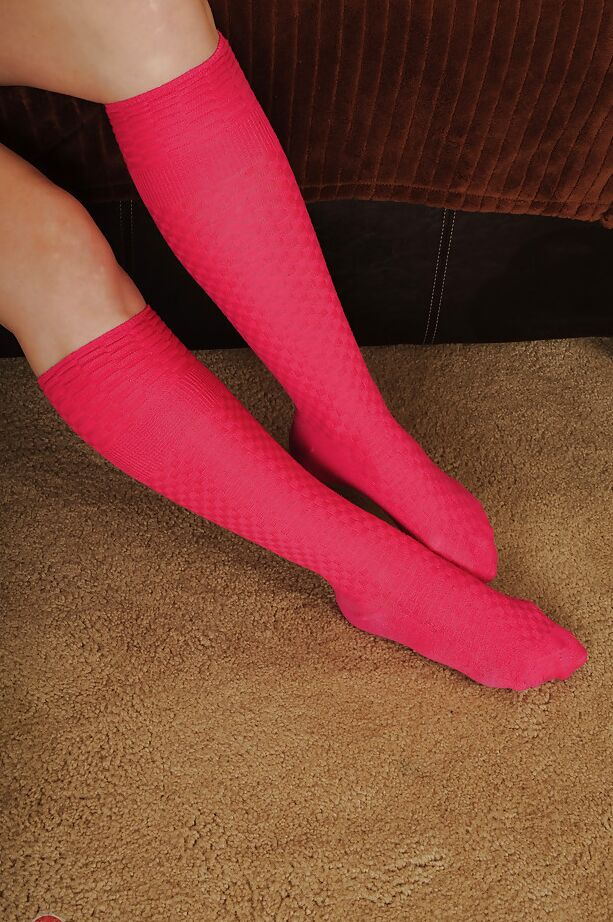 16P Busty older MILF Prudence Pond and posing solo in pink knee high socks