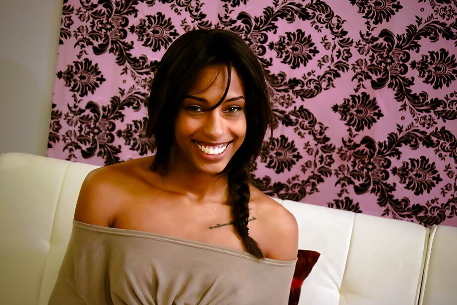 16P Smiley ebony floosie with pigtail uncovering her tiny titties
